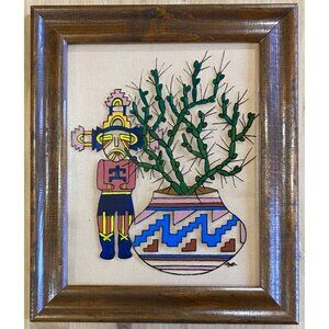 Native American Framed Painted Colorful Glass By RM Southwestern Cactus Vase